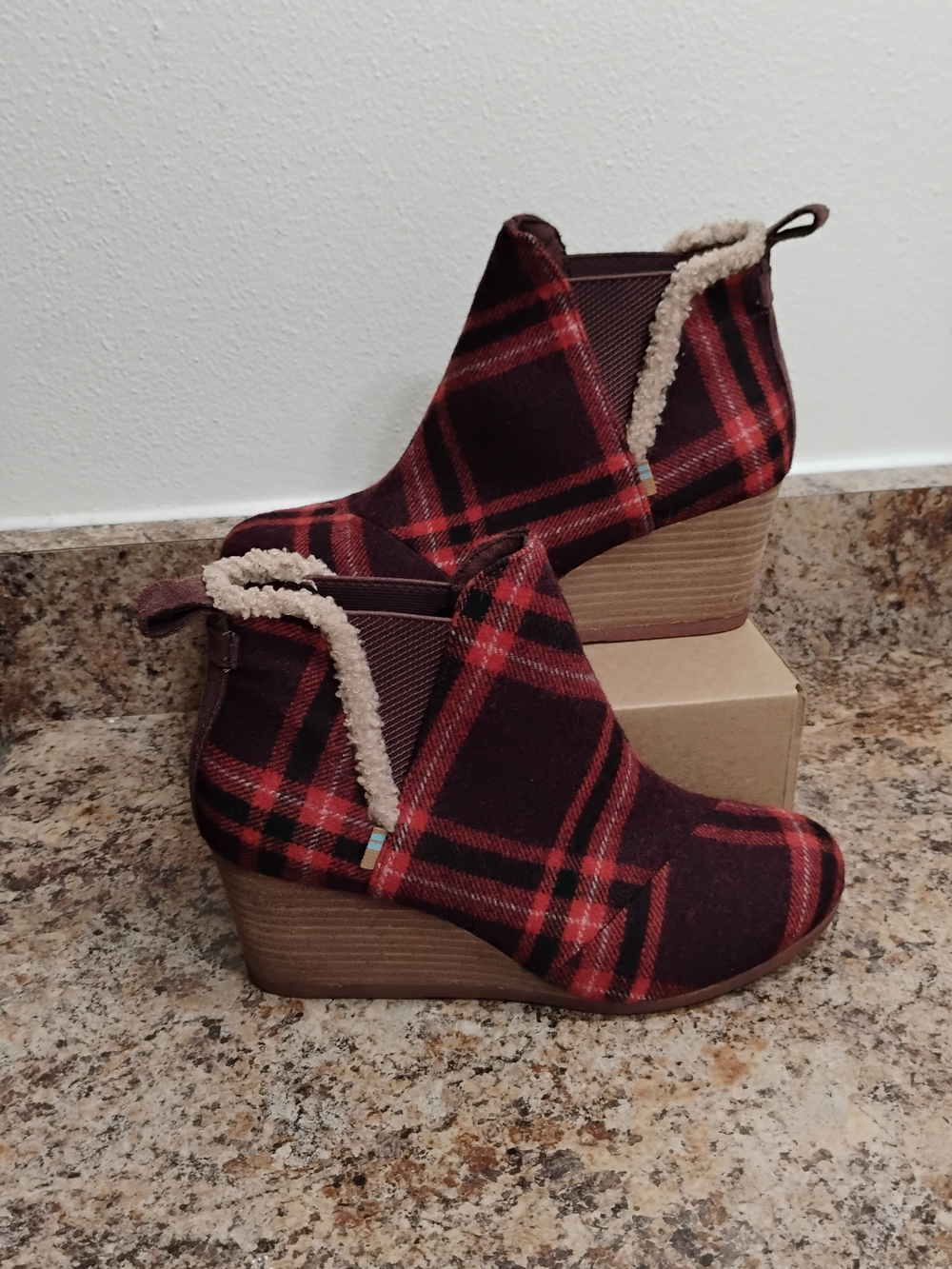 Toms Burgundy and Red Plaid Wedge Ankle Boots